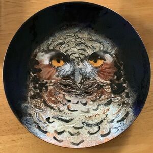 Brumm signed enamel on copper plate hand painted owl .